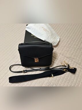 Black Pebbled Leather Top-Handle Satchel with Gold Hardware— Paris 15